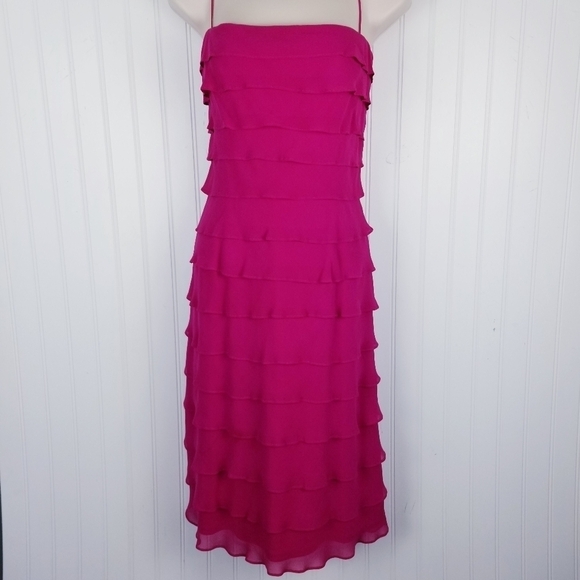 Tadashi Shoji Pink Silk Midi Dress Layered Ruffles Spaghetti Straps Small Vintag - Picture 8 of 10